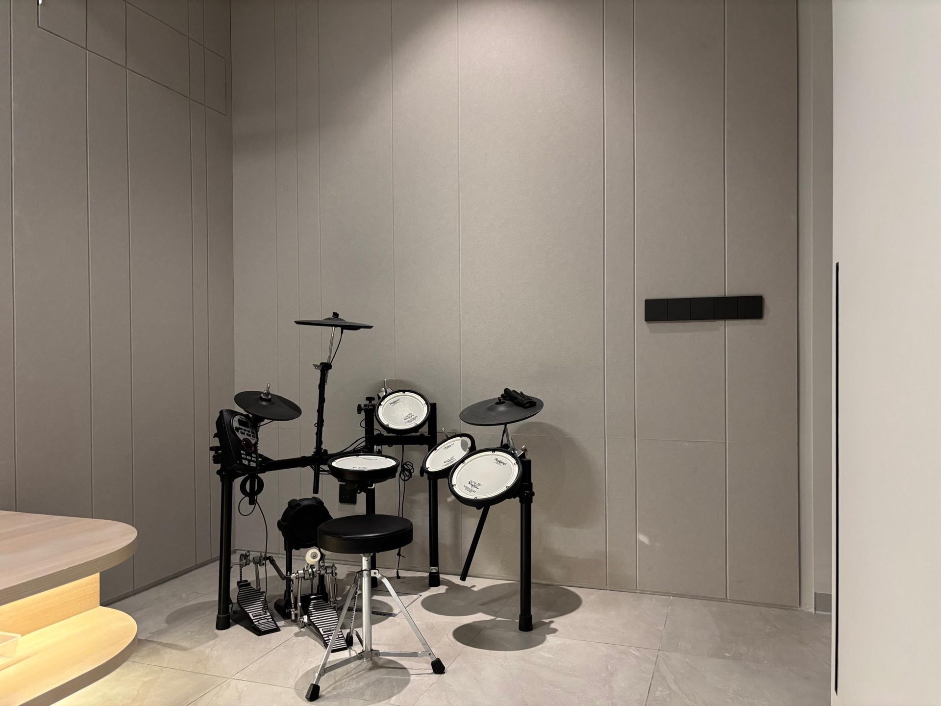 Music room with acoustical treatment and bespoke shelving